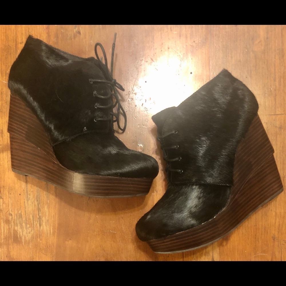 Matiko “ivy” black calf hair lace up wedge booties